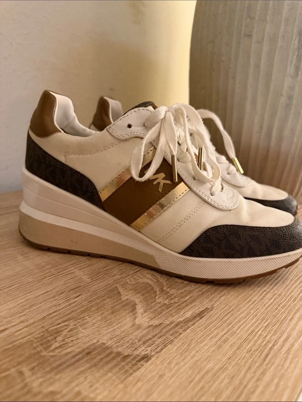 Michael kors Wedge Trainer Sneakers in White, Brown & Gold - Picture 3 of 7